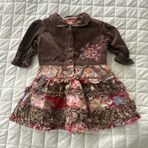 Room Seven Dress Girls US 18 Mos Brown Corduroy Patchwork Ruffle Embroidered